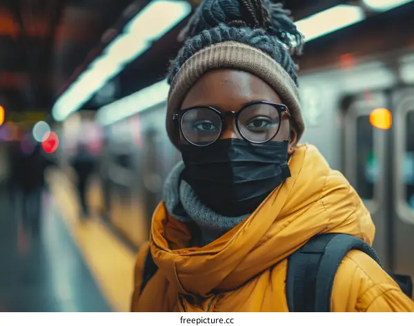 A young woman wearing a mask is standing on a subway platform.