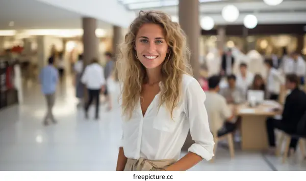 Portrait of a young woman with long blond hair and blue eyes smiling in a shopping mall
