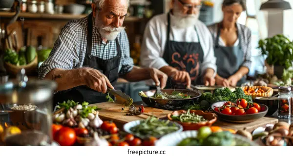 Three People Cooking in a Kitchen