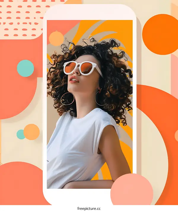 Woman with Curly Hair and White Sunglasses in a Collage of Circles