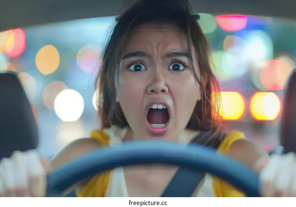 Young woman having car accident at night