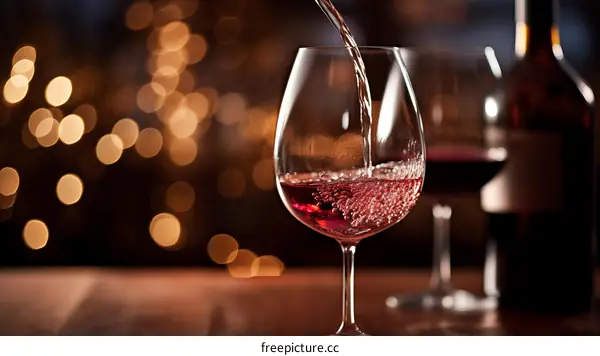 Red Wine Being Poured into Glass with Bubbles