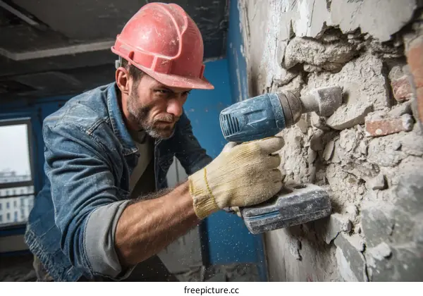 Construction worker demolishing wall with power tool