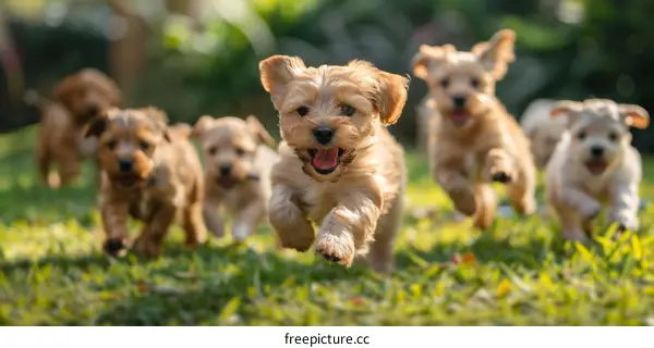 A pack of puppies is running on the grass