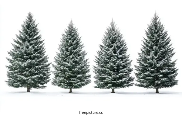 Four Snowy Christmas Trees Against White Background