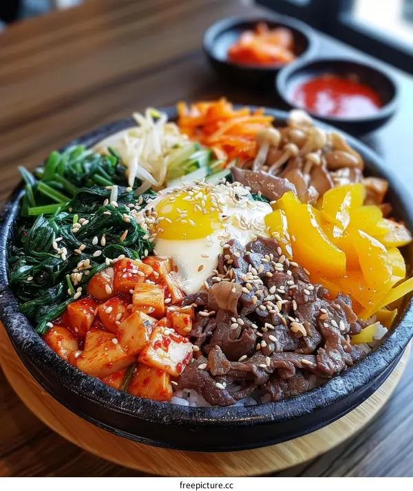 Bibimbap, Korean Mixed Rice with Vegetables, Beef and Egg