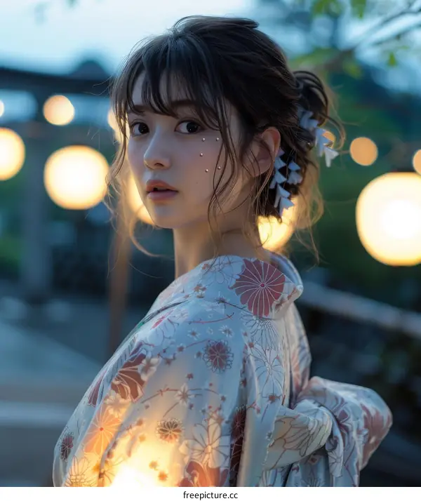 Asian Woman in Kimono at Dusk