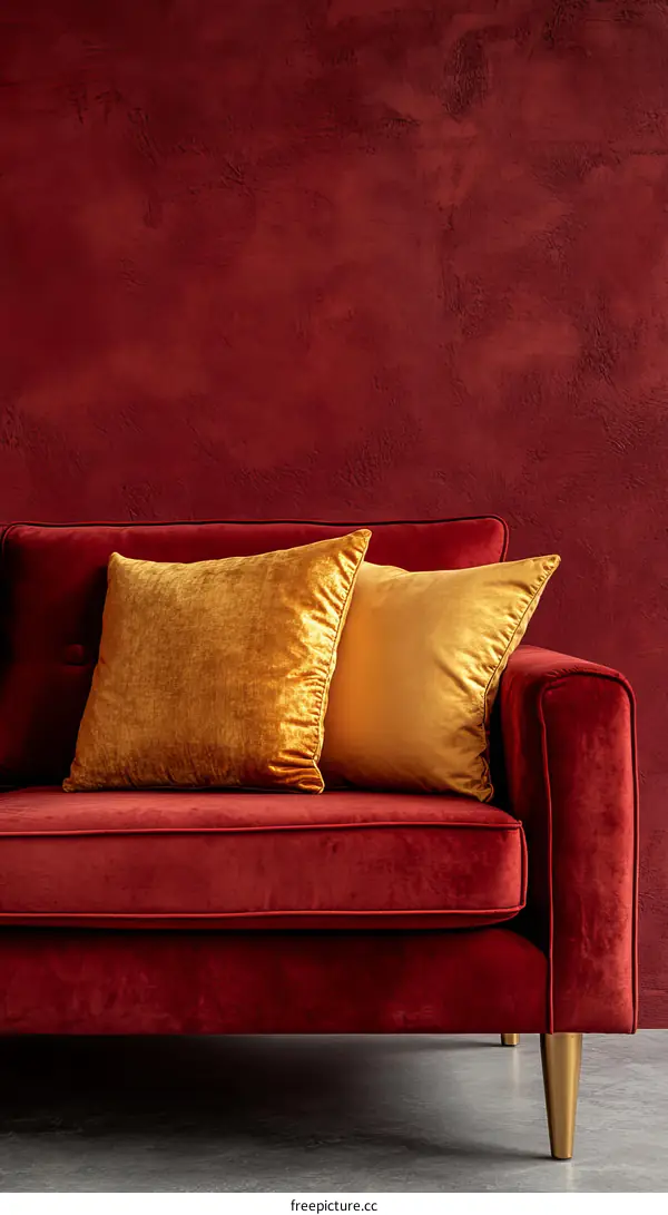 Luxurious Burgundy Velvet Sofa with Mustard Pillows