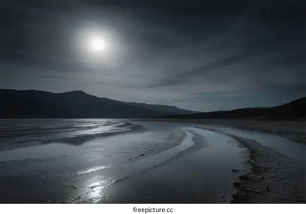 Moonlit Night Scene with Calm Water and Mountain Silhouettes
