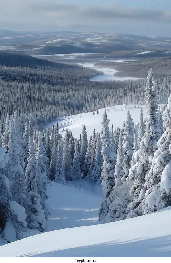 A winter wonderland of snow-covered trees and mountains