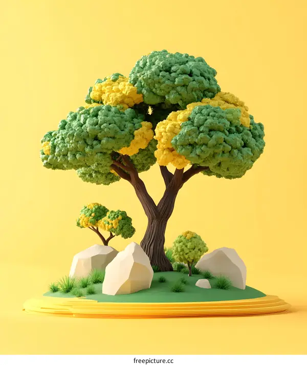 3D Minimalist Illustration of a Green Tree with Yellow Leaves on a Yellow Background