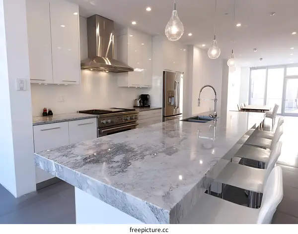 Modern White Kitchen Island with Granite Countertop