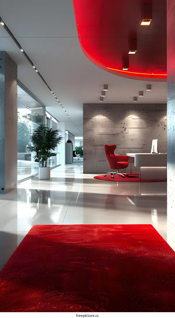 Red modern office interior with red carpet and designer chair