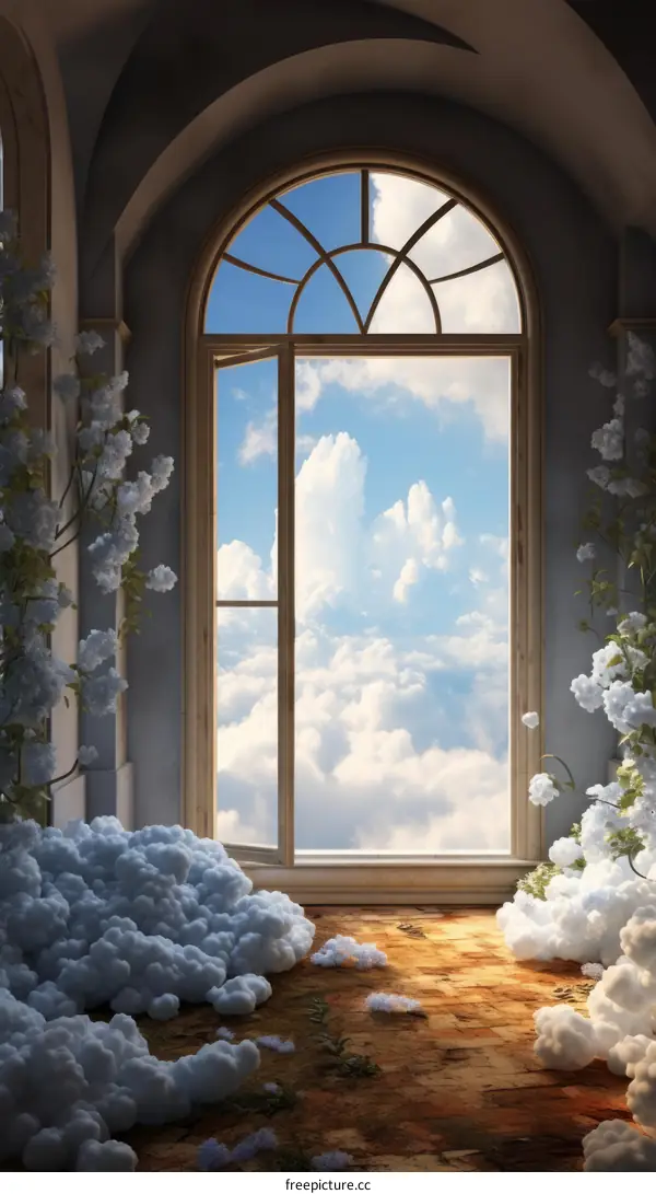 heavenly cloudscape with open arched window
