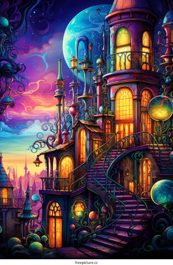 Whimsical illustration of a fantasy castle with glowing windows and a staircase leading up to it