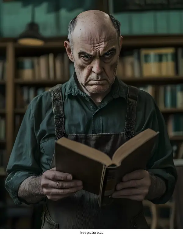 Serious Elderly Man Reading A Book In A Library