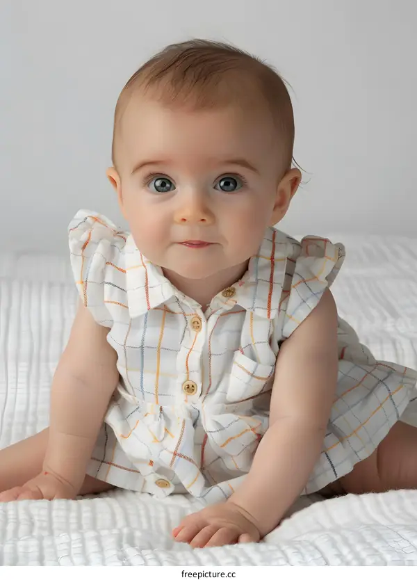 Portrait of a cute baby girl in a white dress
