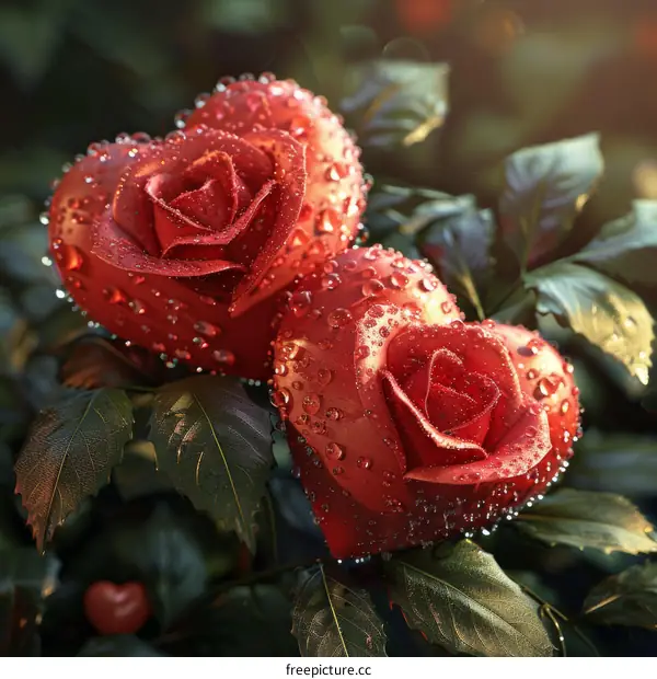 Two Red Roses in the Shape of Hearts With Water Drops