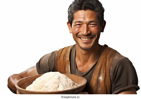 Smiling man holding bowl of flour