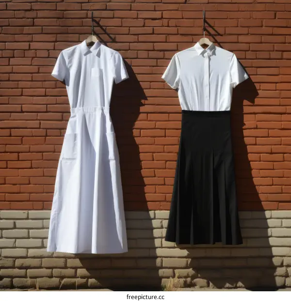 White Shirts and Black Skirt on Brick Wall