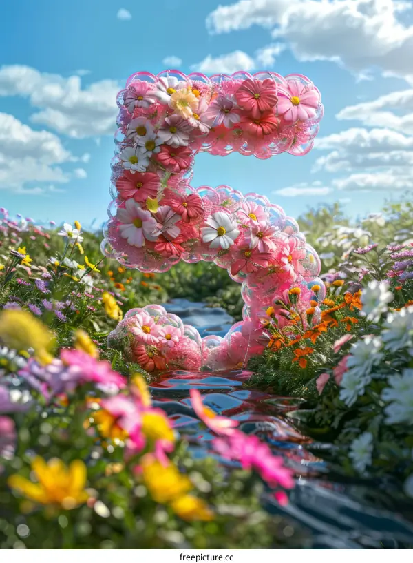 Vivid 3D Number Five Surrounded by Blossoming Flowers