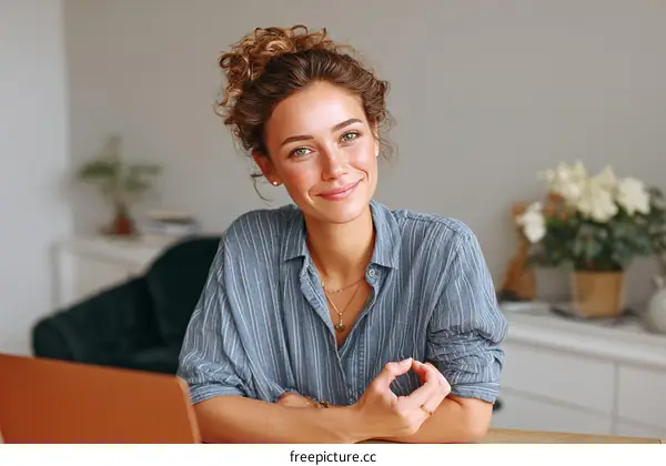 Smiling Woman at Work in a Home Office