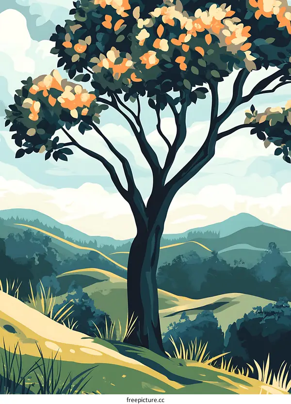 Blooming Tree on a Hillside