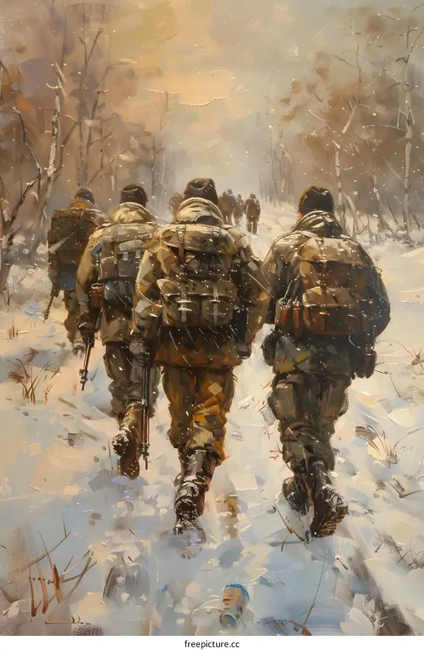 Soldiers Marching Through Snowy Forest Winter Landscape Painting