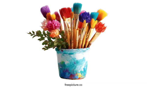 [Transparent Background PNG]Colorful Paintbrushes in a Pot with Flowers