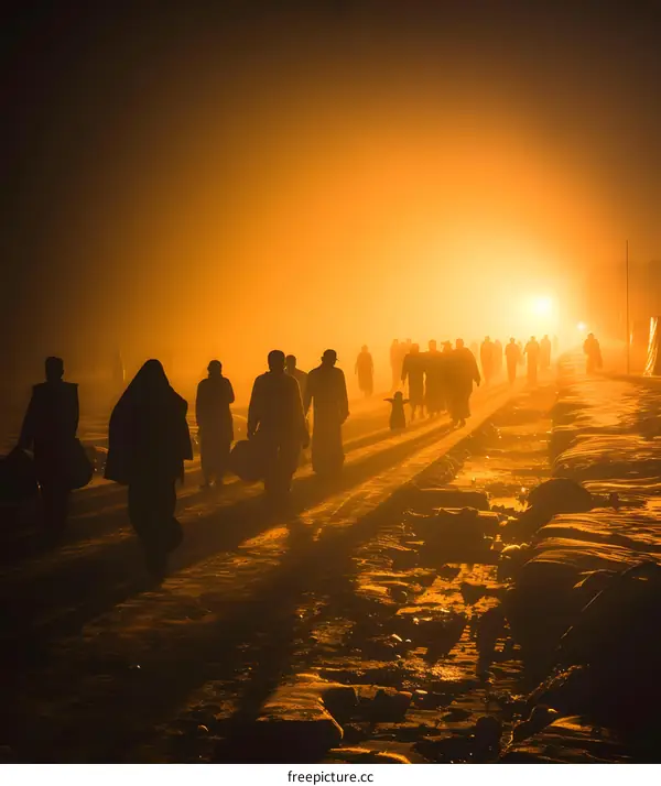 Silhouettes of People Walking Toward Light in Fog