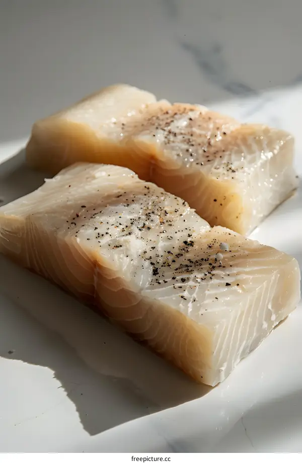 Raw cod fillets seasoned with salt and pepper
