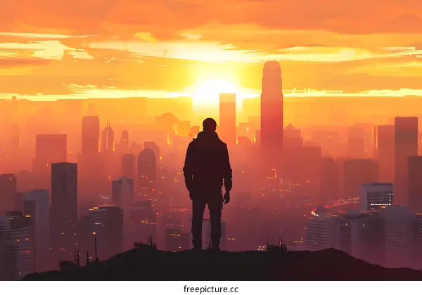 Silhouette of Man Standing on Hilltop Overlooking City Skyline at Sunset