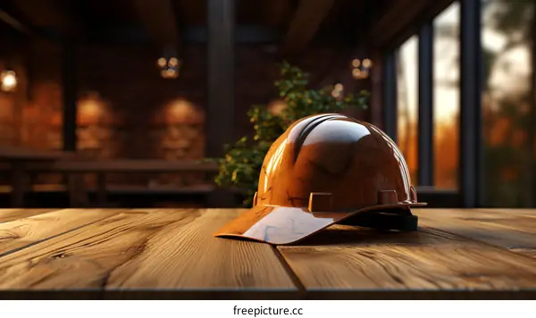 Hard Hat on Wooden Table with Blurred House Interior
