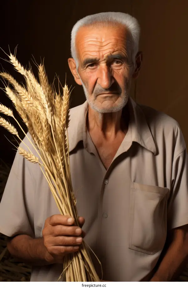 Portrait of a weathered farmer holding a handful of wheat