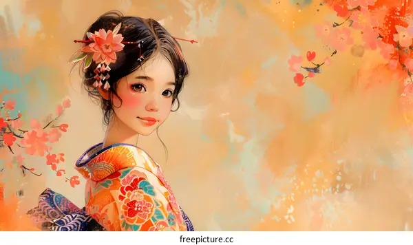 A beautiful Japanese girl in a kimono with cherry blossoms