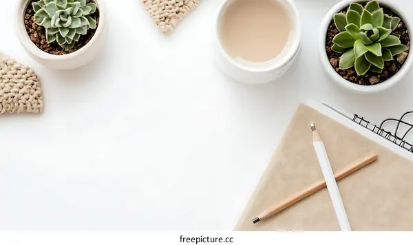 White Workspace with Succulents, Coffee, Pencil and Notebook