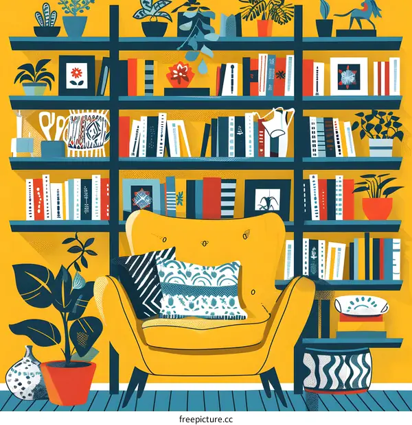 Yellow Armchair and Bookshelf with Colorful Design