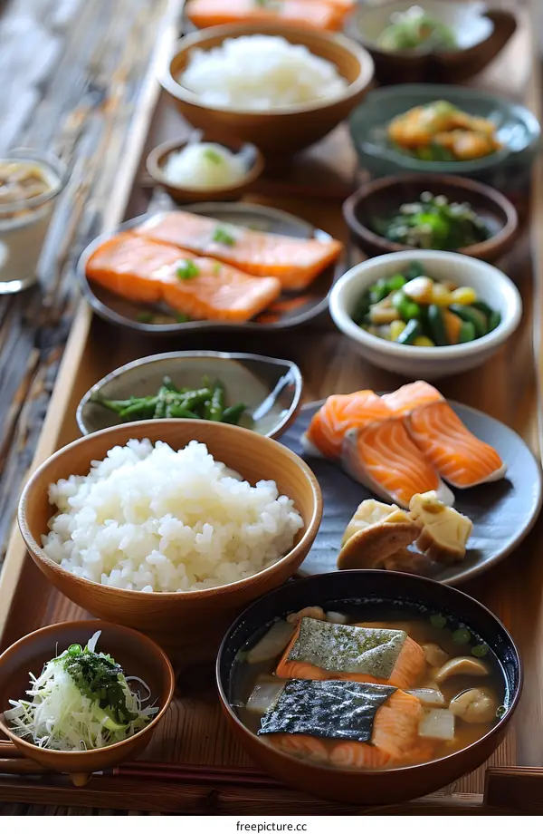 Traditional Japanese Meal with Salmon and Rice
