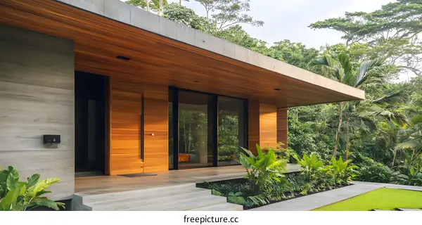 Modern Wooden House Entrance with Tropical Garden