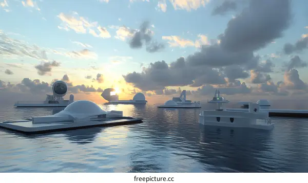 Futuristic City on the Water with Domes and Towers