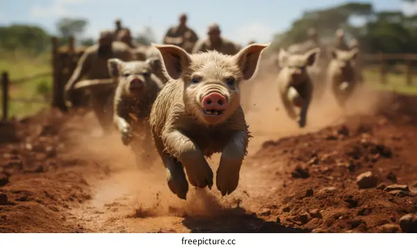 Little pig running in the mud with other pigs and soldiers in the background