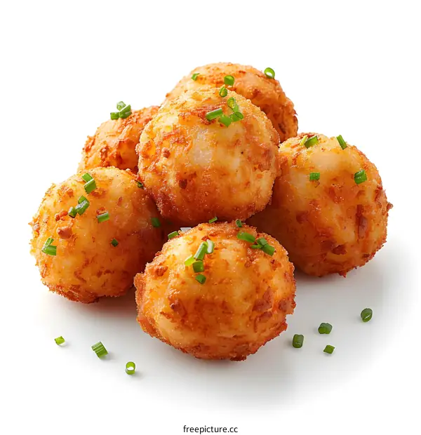 Crispy Fried Potato Balls with Chives on White Background