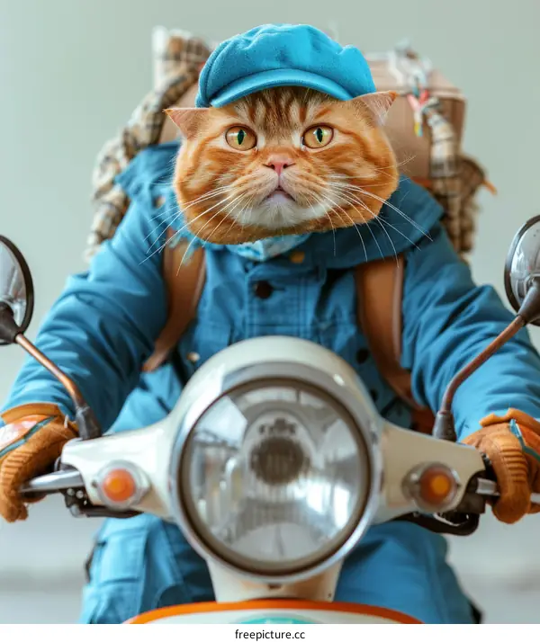 Cat in a blue hat and coat riding a scooter