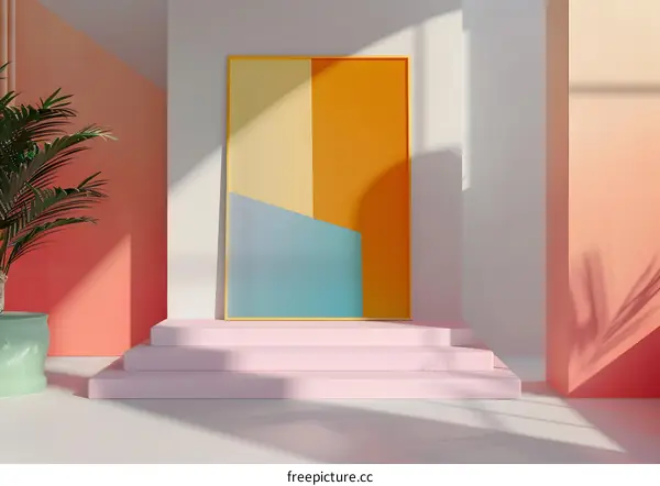 Modern Minimalist Abstract Art  with Pink Steps and Palm Tree