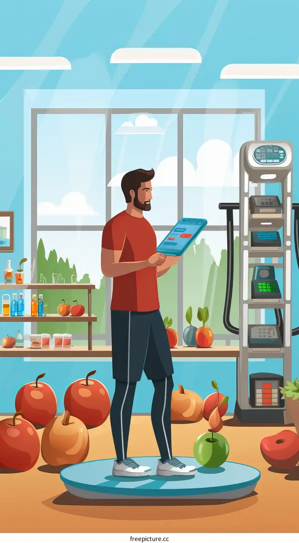 Man Checks His Weight and Health Status Using a Scale