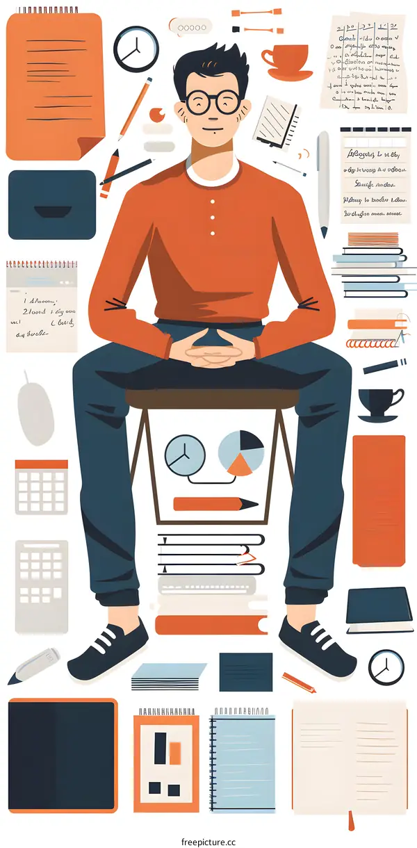 Man Sitting with Surrounding Stationery for Work