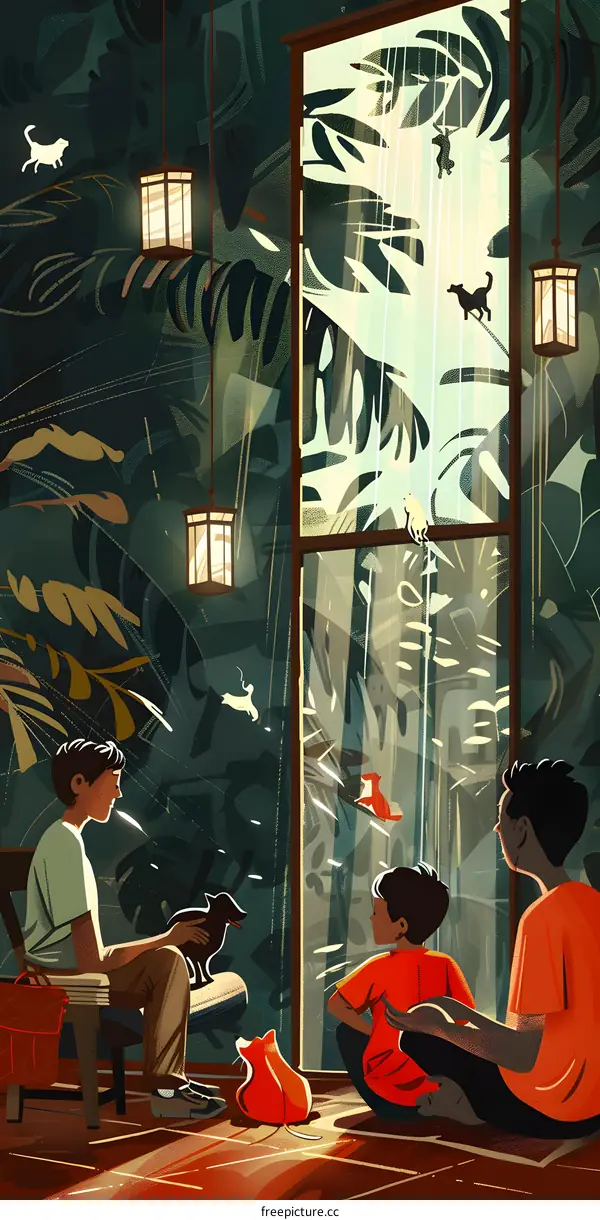 Three People Watching The Animals Outside The Window