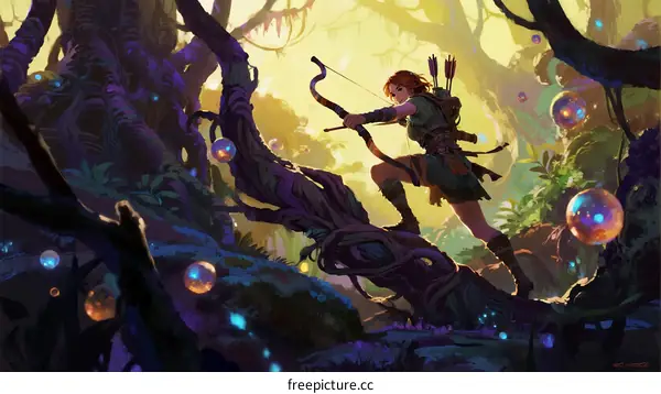 A female archer standing on a tree branch in a magical forest with glowing orbs