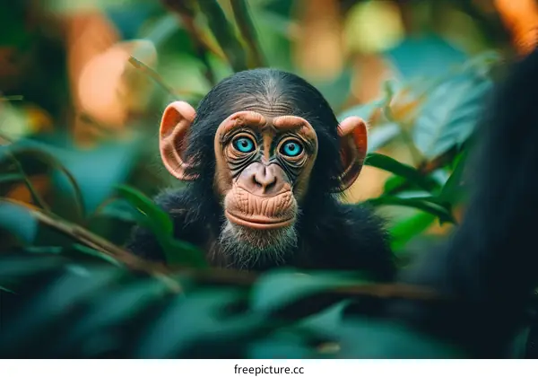 A baby chimpanzee with bright blue eyes sits on a branch in the jungle