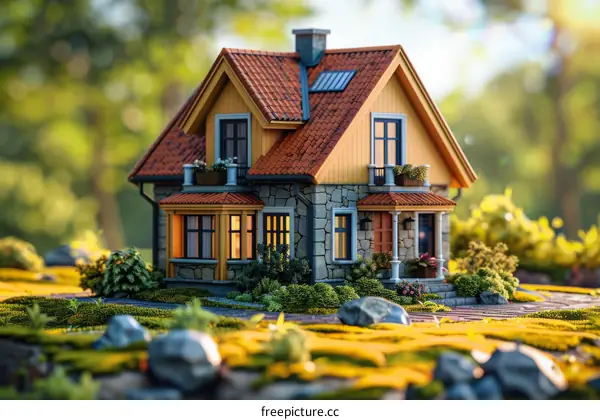 A miniature model house with a garden